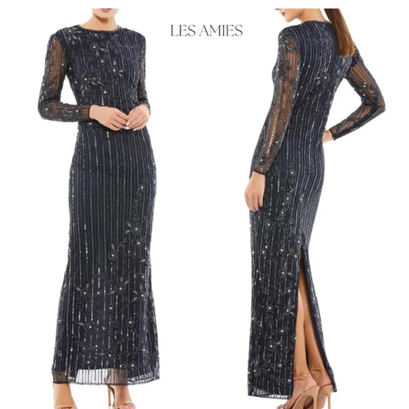 Mac Duggal sequin formal dress high neck illusion navy formal cocktail Sz‎ 8 NWT - Picture 1 of 15